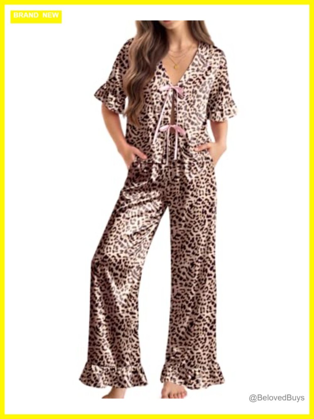 Silk Pajama Set 2 Piece Ruffle Tie Front Bow Short Sleeve Sleepwear